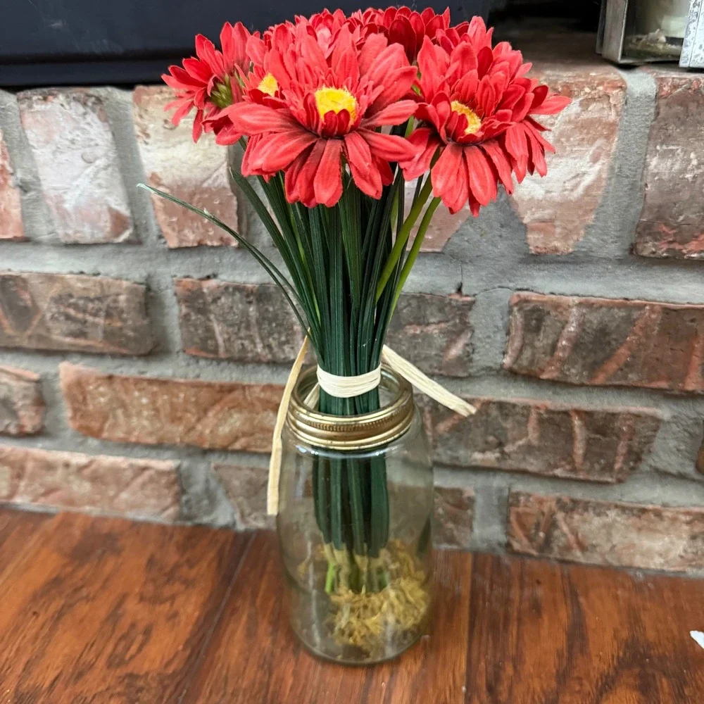 Faux Red Gerbera Daisy Floral Arrangement Vtg Glass Mason Jar Rustic Decor READ